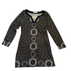 Aryeh Women's Tunic Sweater Dress M Mandala Print V-Neck Black White Long Sleeve